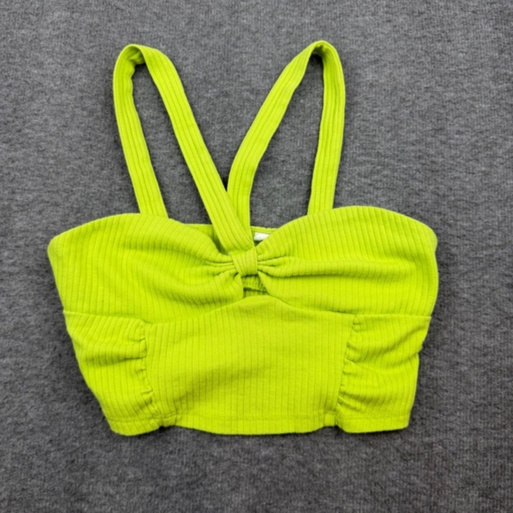 PacCares Crop Top Women's Small‎ Lime Green Ribbed Knotted Sweetheart Neon